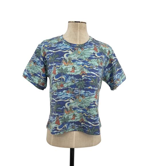 Le Superbe Fringed Tee Shirt Short Sleeve Hawaiian Print Blue Size Small - Picture 2 of 10